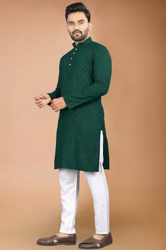 Green cotton schiffili work straight men's kurta pyjama