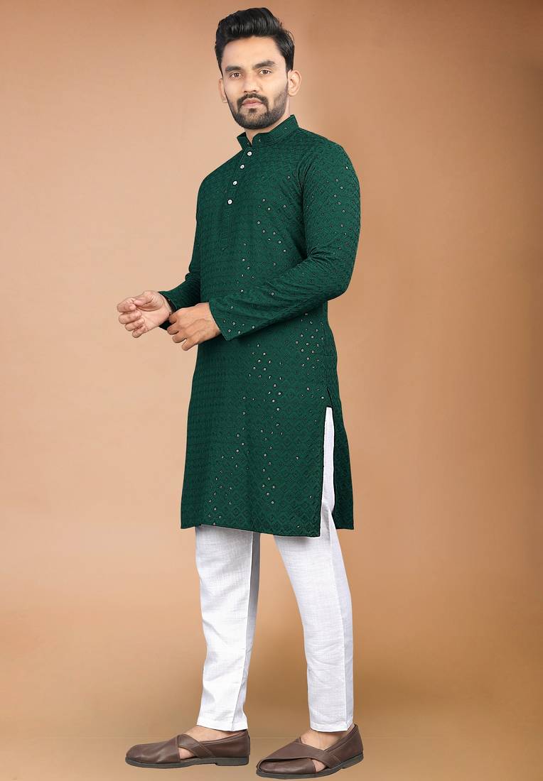 Green cotton schiffili work straight men's kurta pyjama
