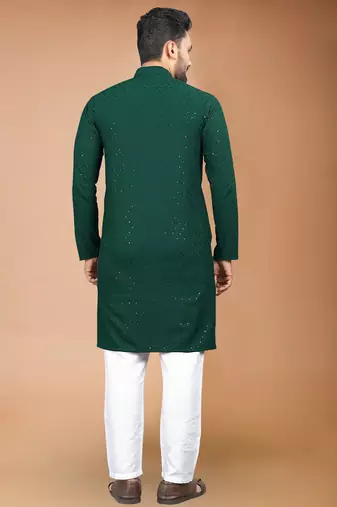 Green cotton schiffili work straight men's kurta pyjama