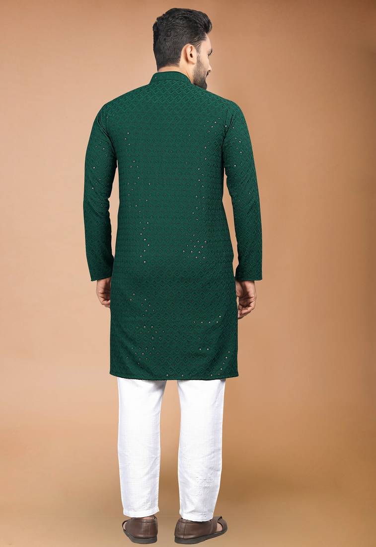 Green cotton schiffili work straight men's kurta pyjama