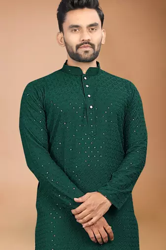 Green cotton schiffili work straight men's kurta pyjama