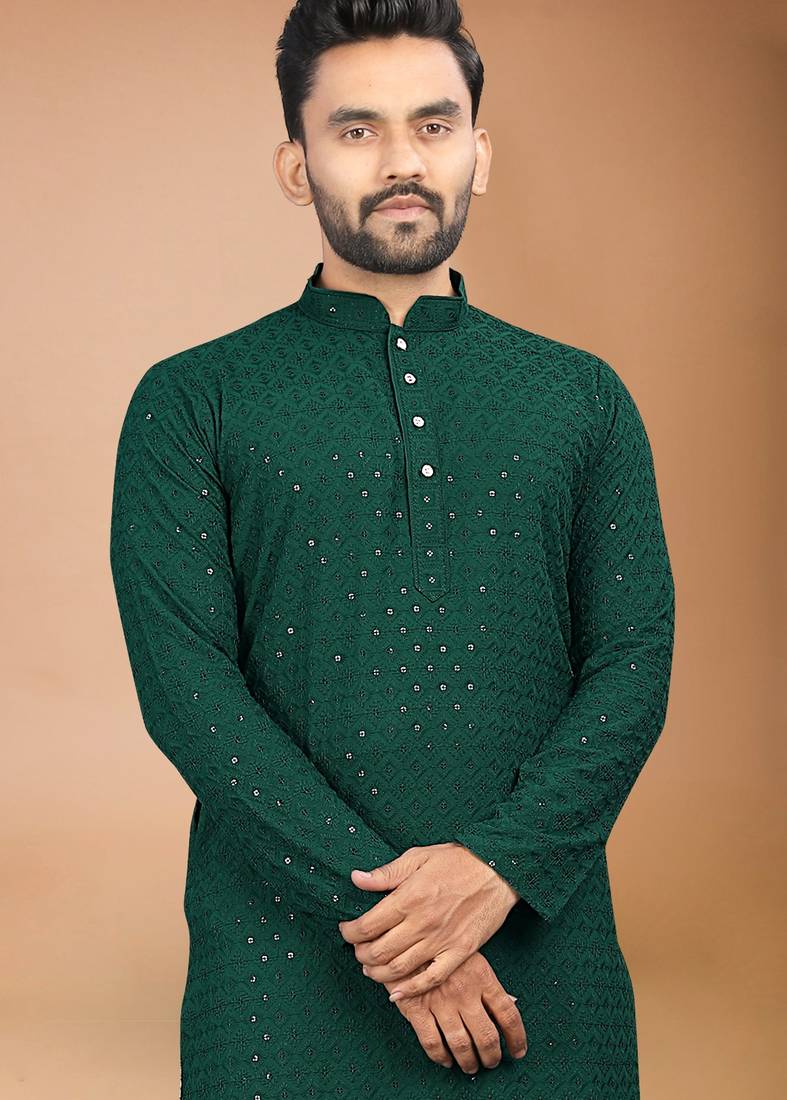 Green cotton schiffili work straight men's kurta pyjama