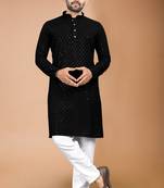 Black cotton schiffili work straight men's kurta pyjama
