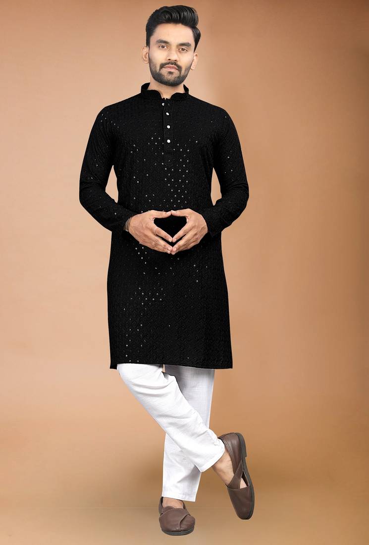 Black cotton schiffili work straight men's kurta pyjama
