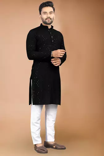 Black cotton schiffili work straight men's kurta pyjama