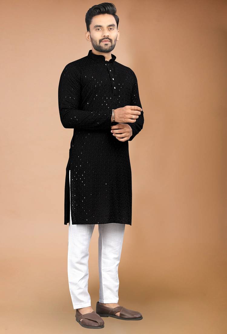 Black cotton schiffili work straight men's kurta pyjama