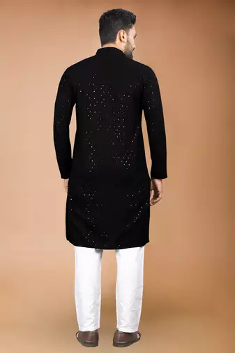 Black cotton schiffili work straight men's kurta pyjama