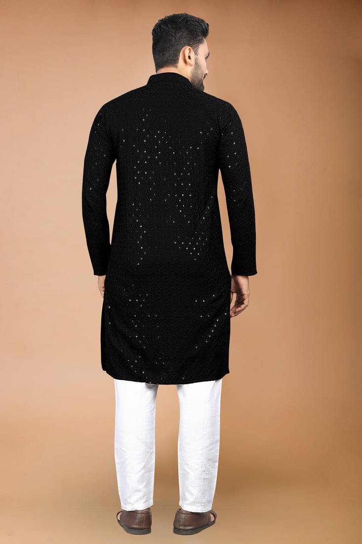 Black cotton schiffili work straight men's kurta pyjama