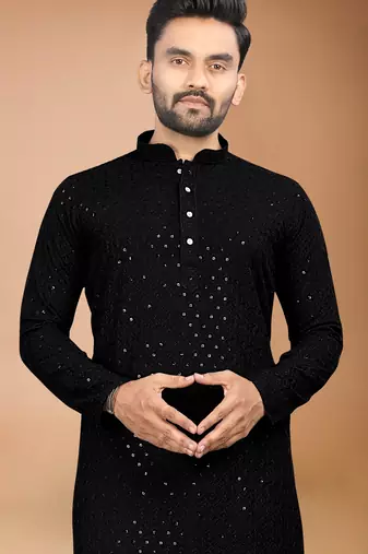 Black cotton schiffili work straight men's kurta pyjama