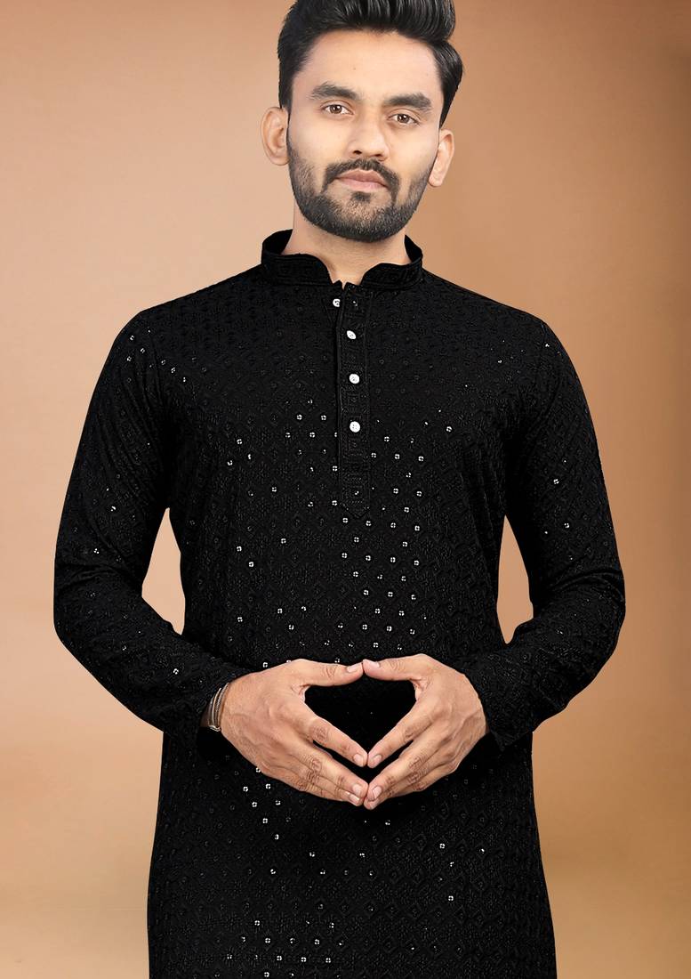 Black cotton schiffili work straight men's kurta pyjama