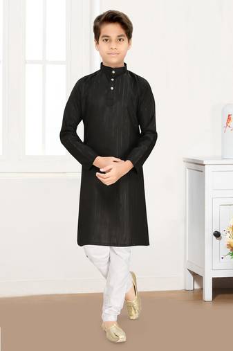 black cotton kids kurta pyjama with lining work design