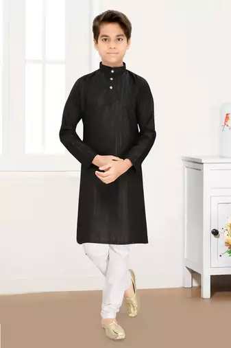 black cotton kids kurta pyjama with lining work design