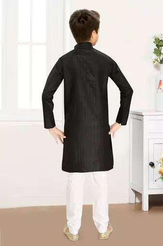 black cotton kids kurta pyjama with lining work design