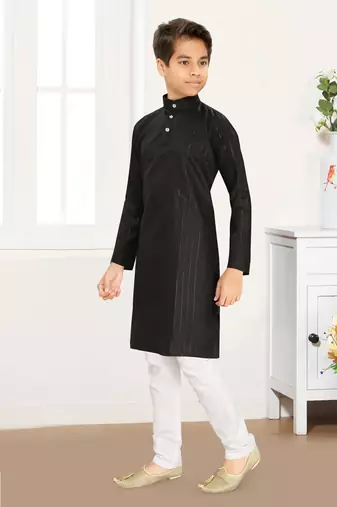 black cotton kids kurta pyjama with lining work design