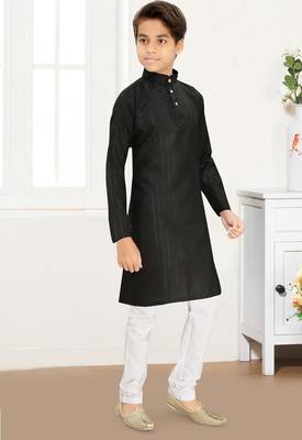 black cotton kids kurta pyjama with lining work design 4