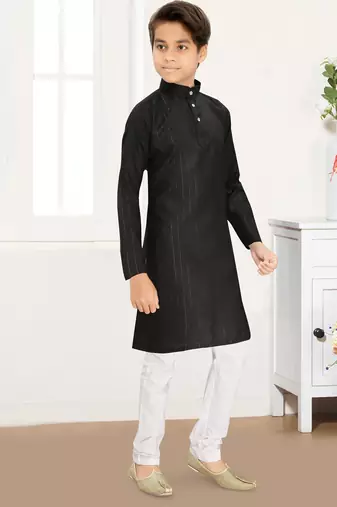 black cotton kids kurta pyjama with lining work design