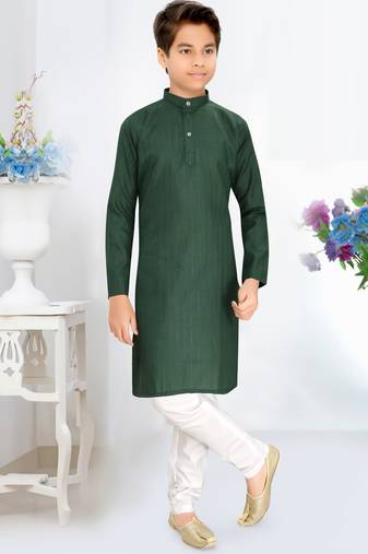 green cotton kids kurta pyjama with lining work design