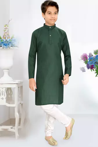 green cotton kids kurta pyjama with lining work design