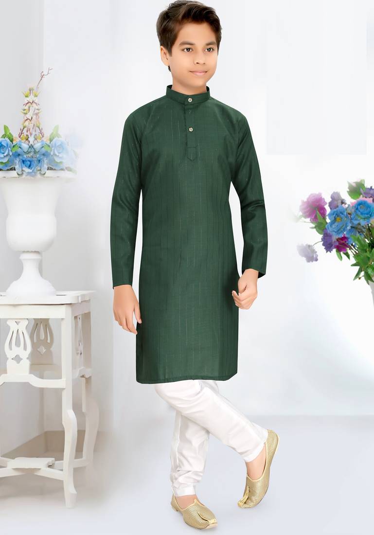 green cotton kids kurta pyjama with lining work design
