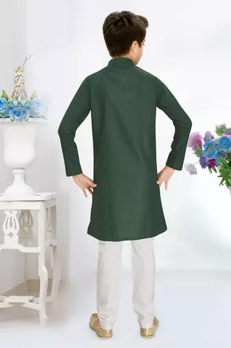 green cotton kids kurta pyjama with lining work design
