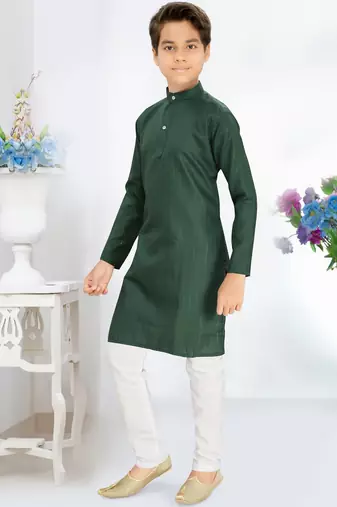 green cotton kids kurta pyjama with lining work design