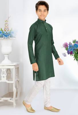 green cotton kids kurta pyjama with lining work design 4