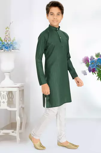 green cotton kids kurta pyjama with lining work design