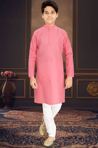 pink cotton kids kurta pyjama with lining work design