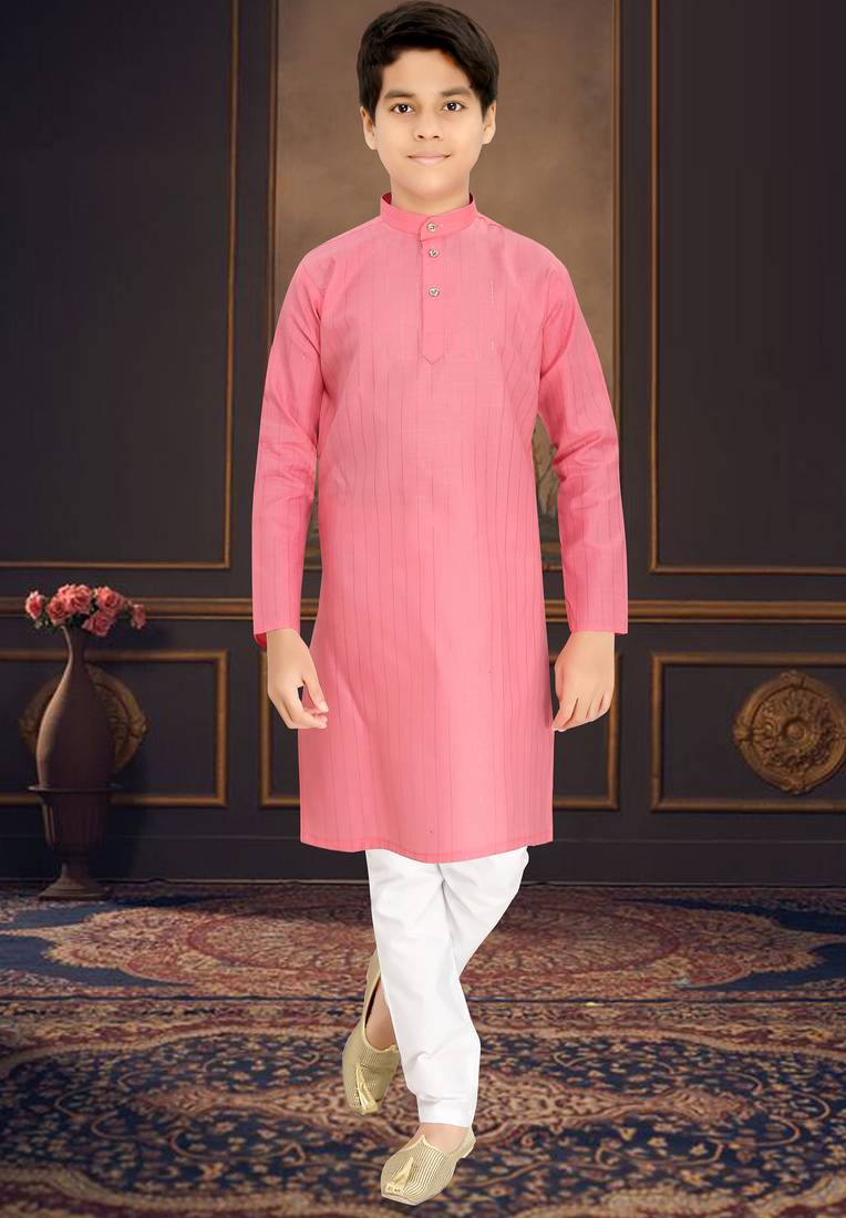 pink cotton kids kurta pyjama with lining work design