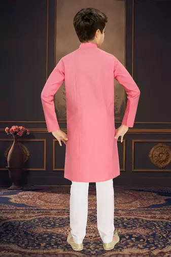 pink cotton kids kurta pyjama with lining work design