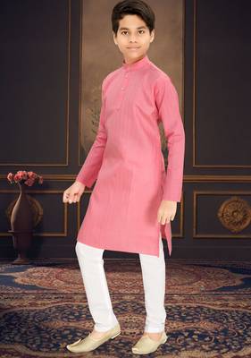 pink cotton kids kurta pyjama with lining work design 3