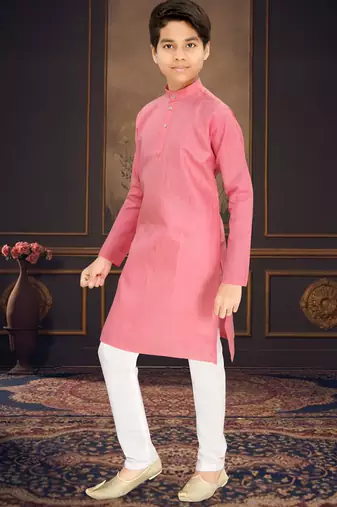 pink cotton kids kurta pyjama with lining work design