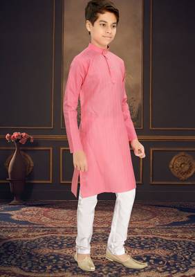 pink cotton kids kurta pyjama with lining work design 4