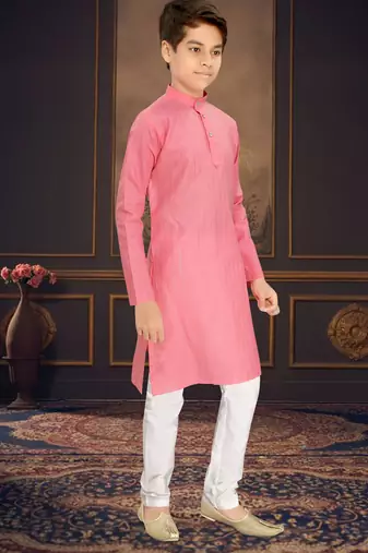 pink cotton kids kurta pyjama with lining work design
