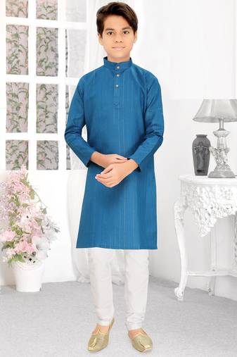 blue cotton kids kurta pyjama with lining work detail