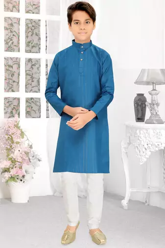 blue cotton kids kurta pyjama with lining work detail