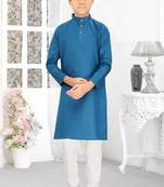 blue cotton kids kurta pyjama with lining work detail