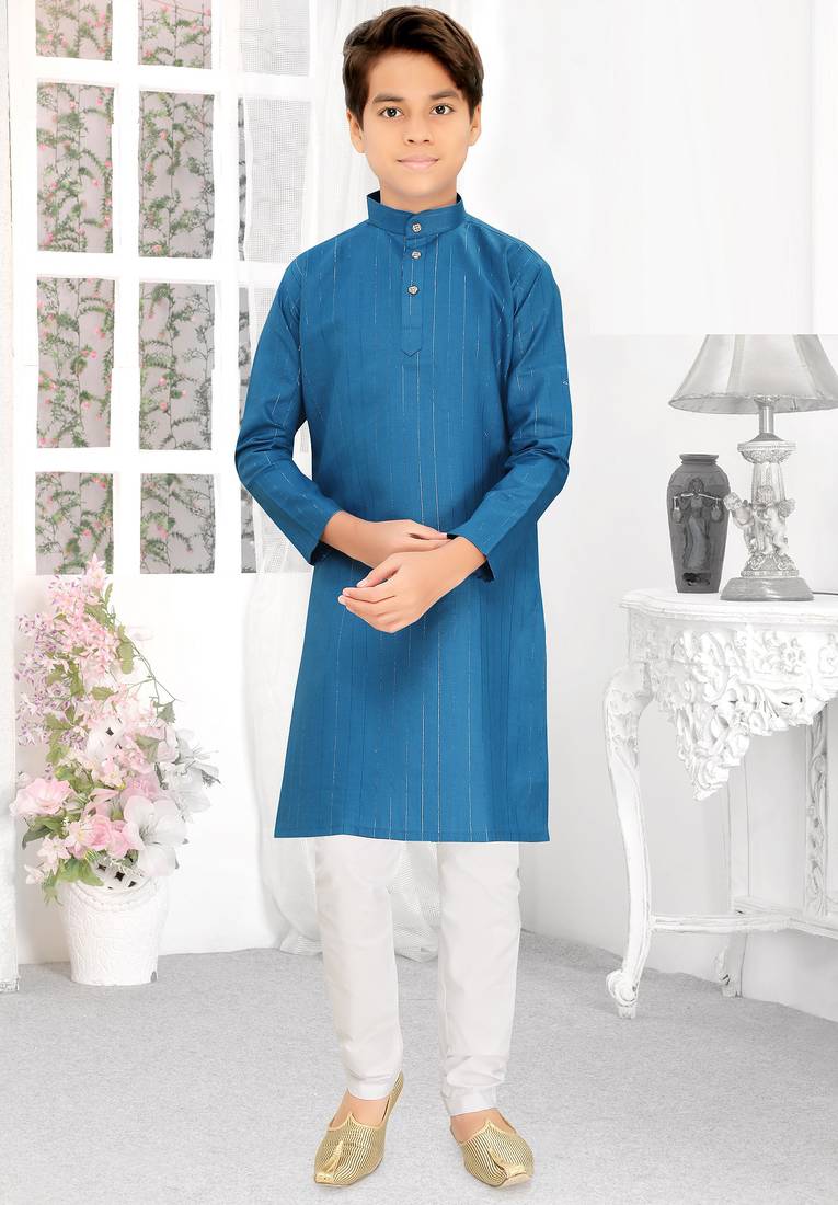 blue cotton kids kurta pyjama with lining work detail