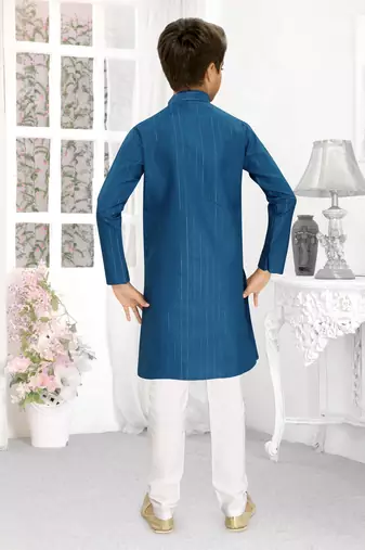 blue cotton kids kurta pyjama with lining work detail