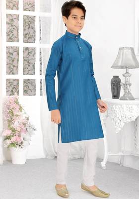 blue cotton kids kurta pyjama with lining work detail 3