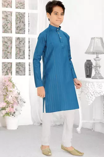 blue cotton kids kurta pyjama with lining work detail