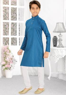 blue cotton kids kurta pyjama with lining work detail 4