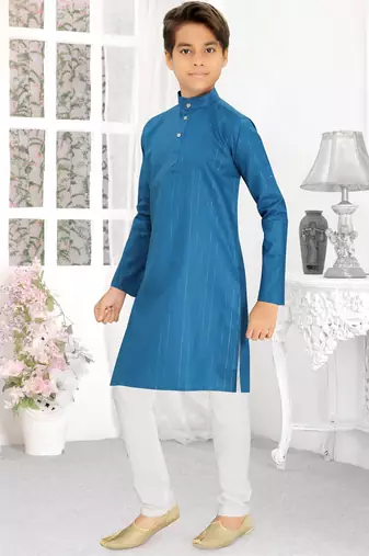 blue cotton kids kurta pyjama with lining work detail