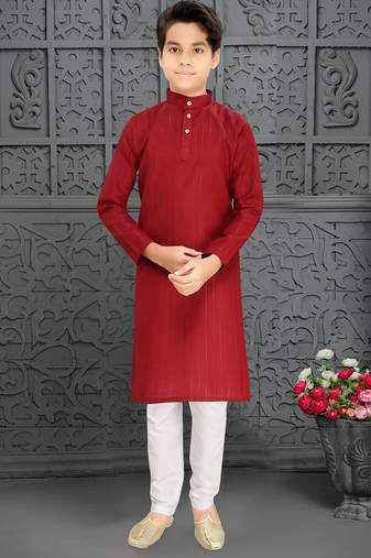 red cotton kurta pyjama for kids with lining work