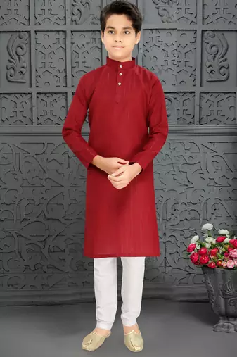 red cotton kurta pyjama for kids with lining work
