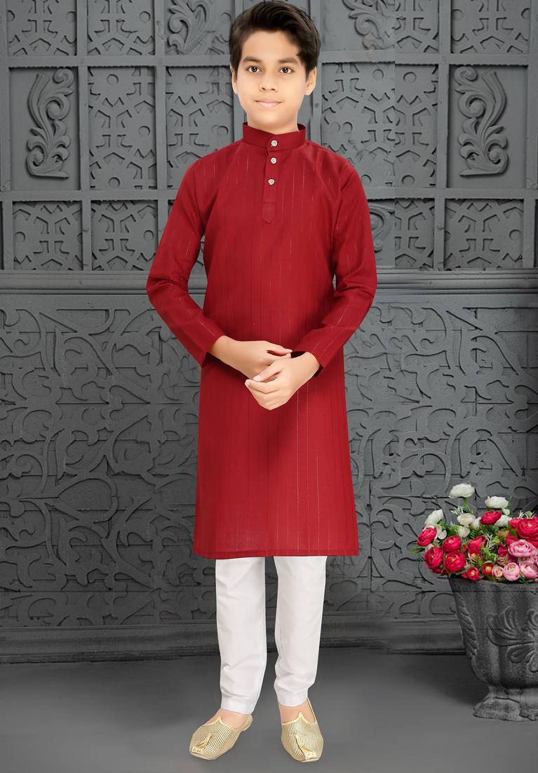 red cotton kurta pyjama for kids with lining work