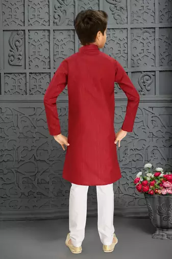 red cotton kurta pyjama for kids with lining work
