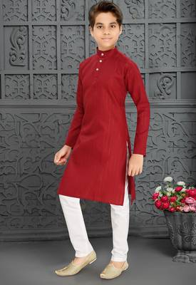 red cotton kurta pyjama for kids with lining work 3