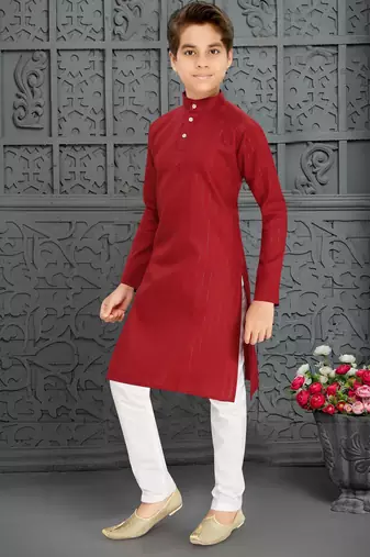 red cotton kurta pyjama for kids with lining work