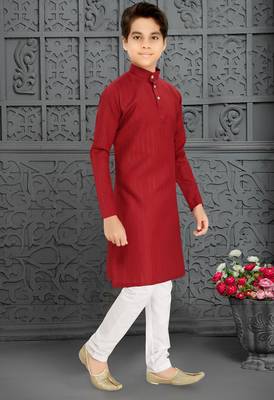 red cotton kurta pyjama for kids with lining work 4